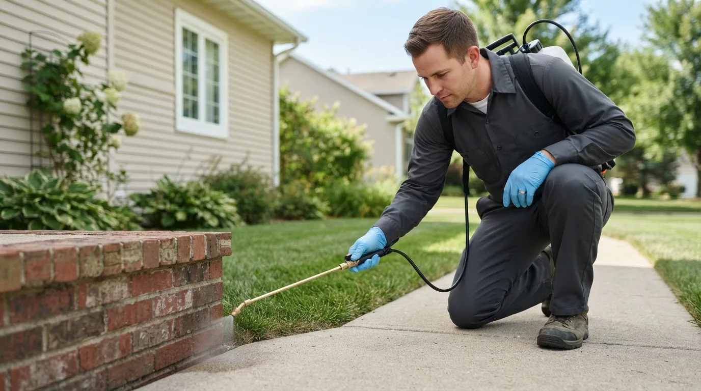 Pest control technician treating a home near South Dartmouth, MA